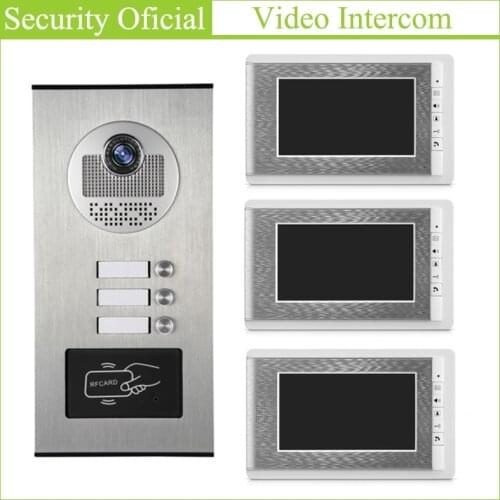 Video Intercom Kits Waterproof Outdoor Station 4-Wire 7 Inch LCD Color Monitor Video Door Phone Intercom System for 3-apartments
