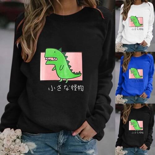 Kawaii Hoodies dinosaur print Women Spring/Fall Sweatshirts Loose Streetwear Round Neck Oversized Tracksuit Cartoon Clothing Top