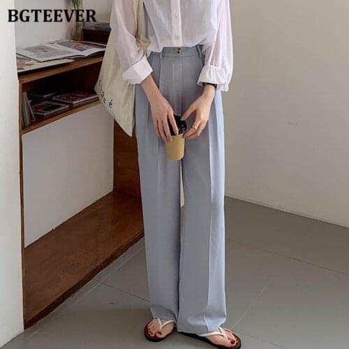 BGTEEVER Fashion New Summer Wide Leg Floor-Length Pants for Women High Waist Loose Ladies Suit Pants Casual Female Trousers