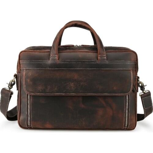 Tiding 2019 Luxury Genuine Crazy Horse Leather Briefcase Mens Business Handbag 17 inch Laptop Bag Luggage Bags Dark Brown 1338