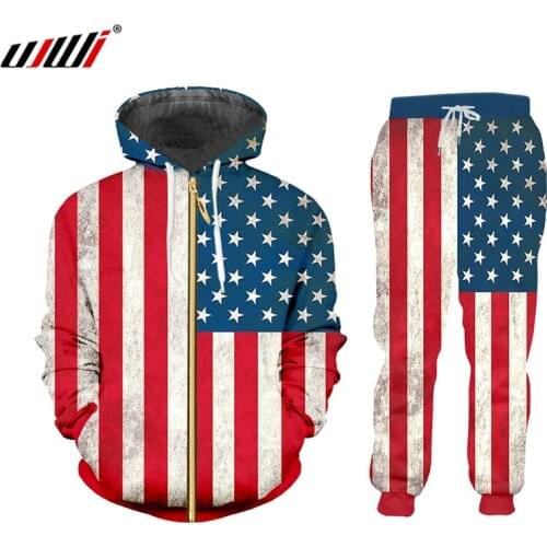 UJWI 2019 Novelty Harajuku 3d American Flag Suit Stars Stripes Print Pants And ZIP hoodie 2 Piece Set Men/women Jogger