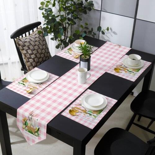 Easter Bunny And Egg Plaid Table Runner Set Cotton Linen Table Runners Tablecloth Dining Table Mat Home Wedding Table Decoration
