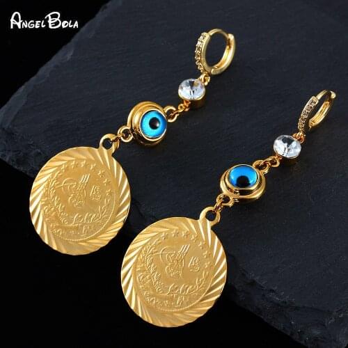 Unfading Evil Eye Muslim Coin Pendant Ladies Earrings Islamic Luxury Jewelry Turkey Earrings Wedding Party Holiday Gifts