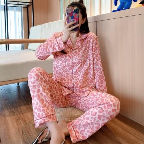 Pijama Femenino De Manga Larga Con Conjunto PantalonesPijama De MangaDe Estampado De Leopardo Rosa, Larga Para Mujer