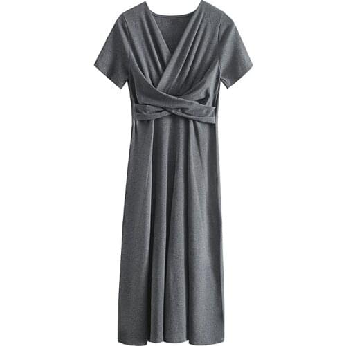 Cotton Dress Temperament Cross Waist Sexy Summer New Crossover V-Neck Pure Color Dresses With Short Sleeves Women Clothing