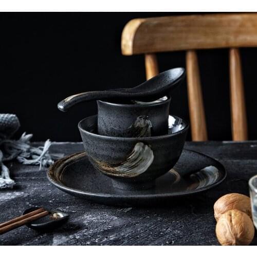 RELMHSYUJapanese Style Simple Ceramic Rice Bowl Round Dinner Steak Plate For Restaurant Household Tableware