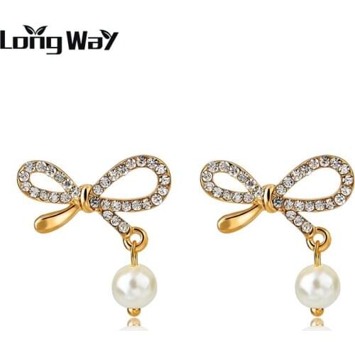 LongWay Wedding Imitation Pearl Stud Earings For Girls Bridal Jewelry Vintage Gold Color Bowknot Crystal Earrings SER150030
