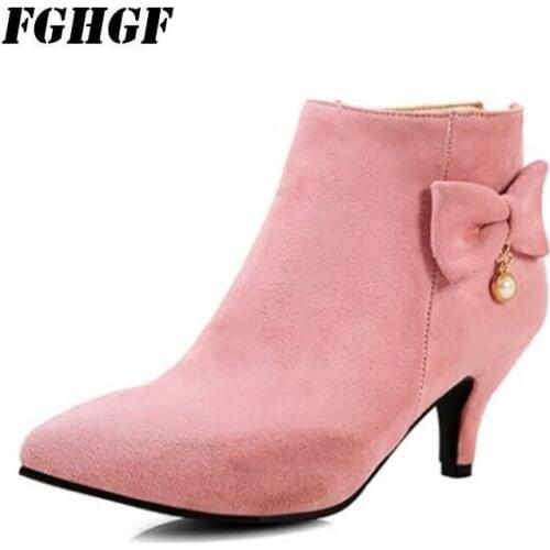 Autumn and winter new Korean version of the ankle boots female sweet bow boots pointed low heel stiletto single boots tide big c