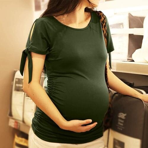 Women Maternity T-Shirt Short Sleeve Side Ruched Pregnancy Top Side Tie Bow Women Maternity Nursing Clothes Tee Pregnants Woman