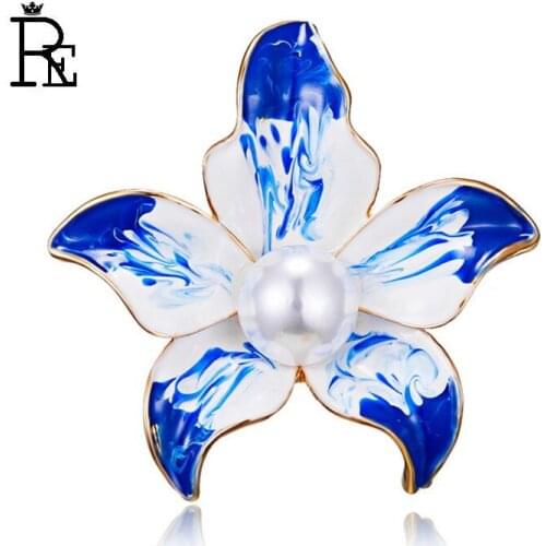 RE Fashion Blue Elegant Floral Pearl Flower Brooches for Women Jewelry Romantic Wedding Bridesmaid Party Bouquet Brooch Pin O35