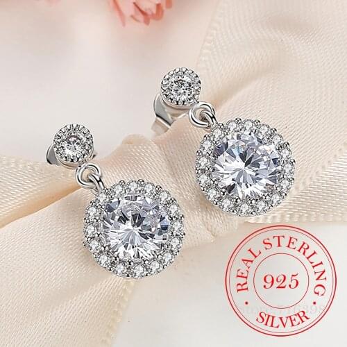 925 Sterling Silver Round Crystal Stud Earrings For Women Wedding Brincos pendientes mujer moda 2021
