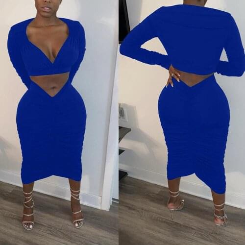 Black Blue White Two Piece Skirts Outfit for Women Full Sleeve Deep V Neck Sexy Crop Top and Pleated Mid Maxi Skirts Elegant Set