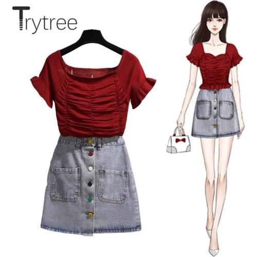 Trytree 2020 Summer Women two piece set Square Collar Solid Folds Tops + Cowboy Skirt A-line Pockets Fashion Set 2 piece Set