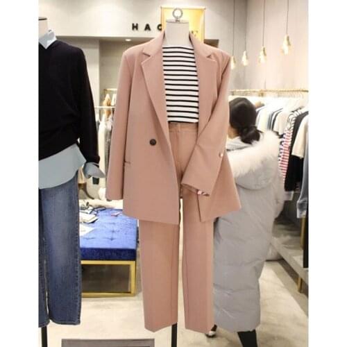 Womens suit two-piece 2019 new autumn and winter fashion loose solid color shirt casual wild trousers wild womens clothing