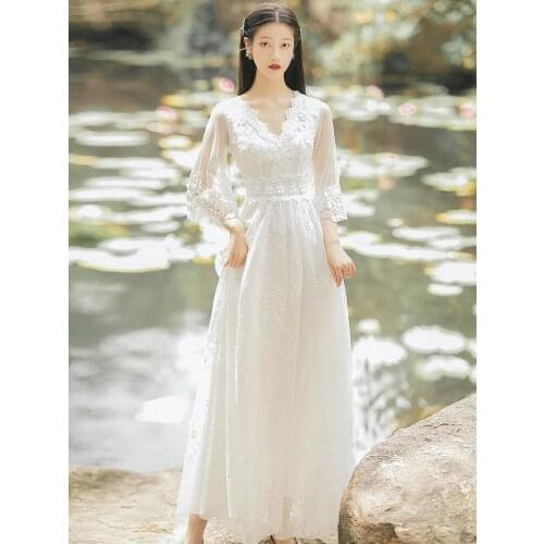 Summer New Womens Clothing Ins Was Thin White Dress Dress Party Dress Bohemian Travel Mesh Lace Embroidery Long Dress