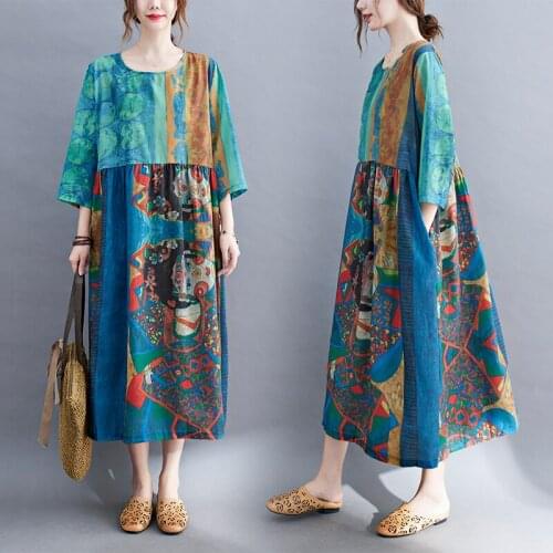 Retro Summer Womens Dress Printed Round Neck Splicing Pullover A-line Dress Long Vestidos Short Sleeve Casual Loose Robe Femme