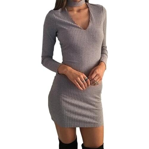 Women Autumn and Winter Long-sleeved V-neck and Hip Sexy Dress