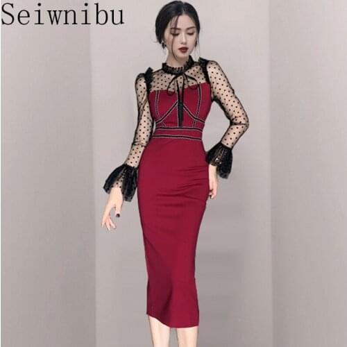 2021 Spring Bodycon Mesh Patchwork Pencil Dress Women Red Long Flare Sleeve Bow Collar Dress Office Lady Elegant Party Dress
