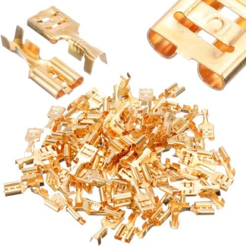 100pcs Uninsulated Spade Wiring Terminal Connector Cable Lugs 6.3mm Gold Brass 0.5-1.5mm Blade Receptacle