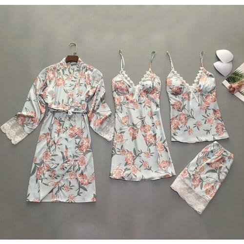 4 Pieces/set Women Pajamas Sets Satin Lace Sexy Pijama 2019 Pyjama Mujer Pyjamas For Women Silk Flower Print Sleepwear