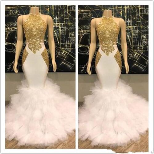 White Mermaid African Black Girl Evening Dress Gold Lace Appliqued Special Prom Gowns Formal Wedding Party Dresses 2020 Custom