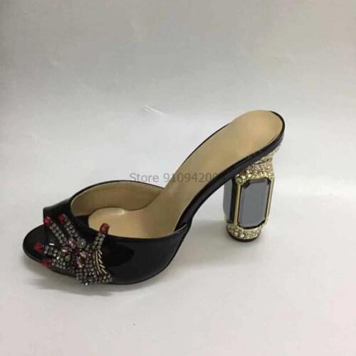 Block Patent Leather Sandals Women Outside Slippers Fish Toe 10CM Chunky Heel Sandals Thick High Heels Black Sandals Shoes