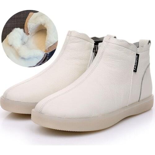 Genuine Leather Cow Women Ankle Boots Warm Wool Motorcycle Slip on Super Comfortable Booties Winter Shoes White Black