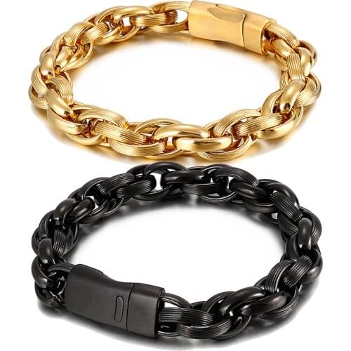 11mm 8.66inch Fashion New Mens Bracelet Black Gold Color 316L Stainless Steel Wristband Cool Male Jewelry