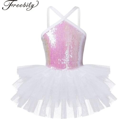 Freebily Teen Girls Ballet Tutu Dress Ballerina Sleeveless Sequins Ballet Dance Class Dress Gymnastics Leotard for Kids Costumes