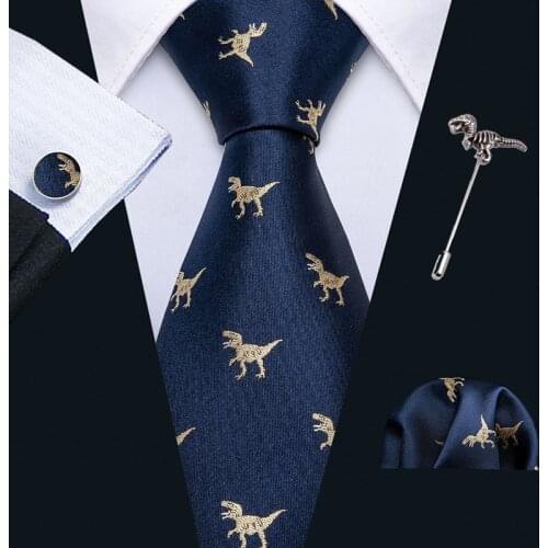 Lapel Pin Gold Dinosaur Mens Neckties Handkerchief Cufflinks Set 8.5cm Neckpin Business Silk Ties For Men Barry.Wang Design