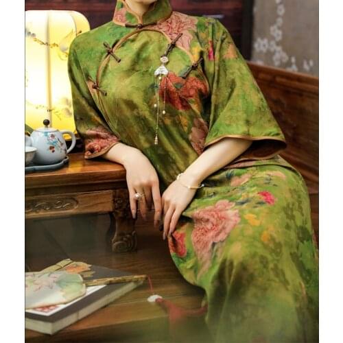Chinese Clothes Real Silk Hualuo Qipao Green Cheongsams Hand Made One Piece Cheongsam Dress Oriental Traditional Clothes Woman