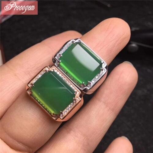 Natural Green Chalecedony Ring 10mmx14mm gems Big Unisex man rectangle Rings for party 925 Sterling silve fine Jewelry #097
