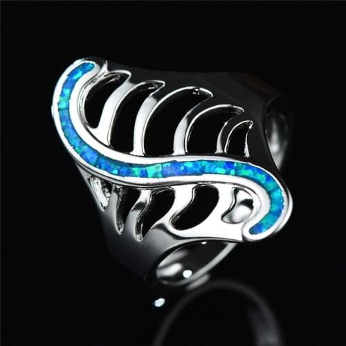 Boho Style S Shaped Bone Rings For Men Women 925 Sterling Silver Filled Blue White Fire Opal Ring Hollow Leaf Rings Jewelry