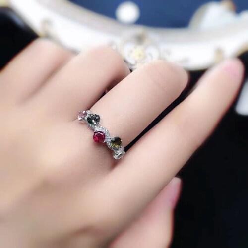 100% Real Tourmaline Ring 4mm Natural Multicolor Tourmaline Silver Ring 925 Silver Tourmaline Jewelry Birthday Gift for Woman