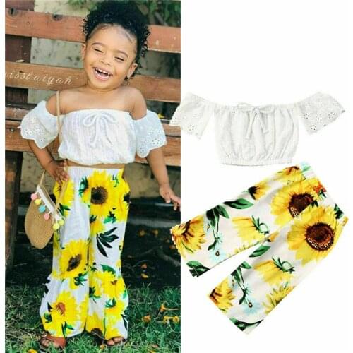 2PCS Toddler Kids Baby Girl Clothes Lace Off Shoulder Tops Floral Print Pants Trousers Summer Outfits 0-4Y