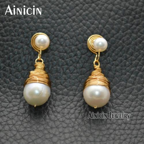 Fashion Pinless Earrings Fine Plated Not Allergy Handmade Gold Copper Wrapped Dangle Earrings Shell Pearl Jewelry For Women