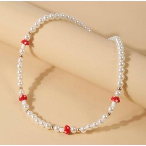 Trendy Female Red Mushroom Chokers Necklaces For Women Handmade Beaded White Pearl Necklace Jewelry Gifts