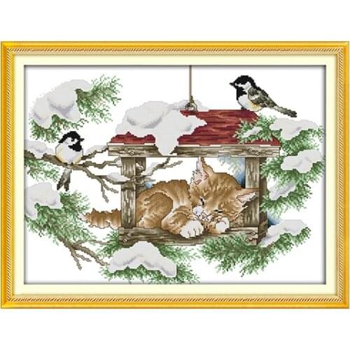 Joy Sunday Cross Stitch Kit Sleeping cat Pattern Printed Chinese Counted Embroidery Needlework Decorations Diy Kit Promotion