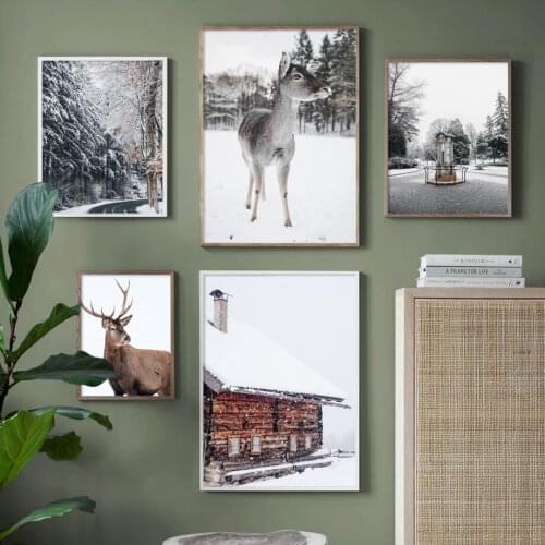 Wall Art Canvas Painting Winter Forest House Deer Dog Dead Tree Nordic Posters And Prints Wall Pictures For Living Room Decor