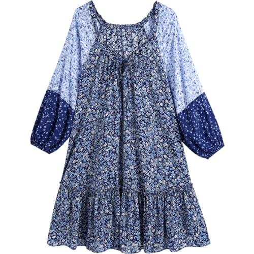 New Women ZA floral print panelled dress Fashion Casual round elastic neckline long puff sleeves vintage Female mini dress
