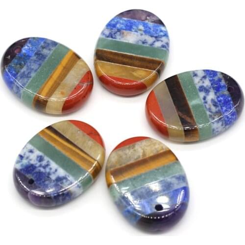 Natural Stone Pendants Oval 7 Chakra Reiki Healing Crystal Agates Guasha Stone Charms for Jewelry Making Necklace Meditation