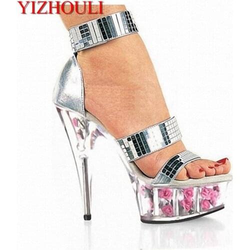 6 inch Plus Size sequins Flower Platform Sole 15cm High Heel Platforms sexy Pole Dance Shoes Sandals Wedding Shoes