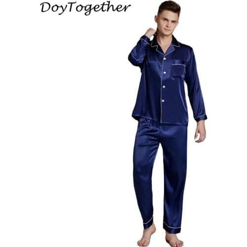 Mens Stain Silk Pajamas Set Sleepwear Loose Long-sleeved Summer Homewear Pyjama Solid Navy Nightgown Male Clothes