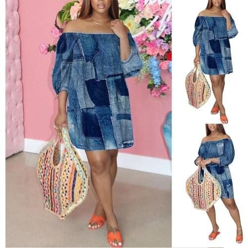 Short Sleeve Women Dress Imitation Denim Print Off Shoulder Dress For Summer Blue Loose Mini Lantern Ladies Dress D30