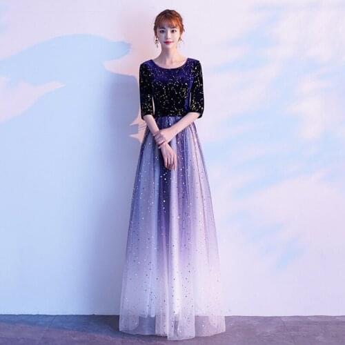 Special Occasion Dresses Illusion O-Neck Half A-Line Sequined Tulle Luxury Navy Blue Floor-Length Vintage Women Prom Gown E928