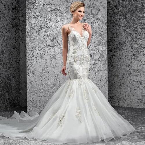 See Through V-Neck Sexy Illusion Buttons Up Back Shiny Beading Crystal Appliques Mermaid Wedding Dress Vestido De Noiva Sereia