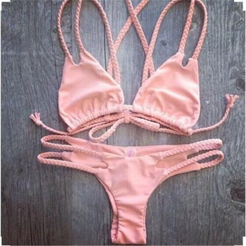 Sexy Pink Swimwear Women Bathing Suit Hollow Out Bikini Female Three point cross strap Swimsuit Double-Sided Bikini Set