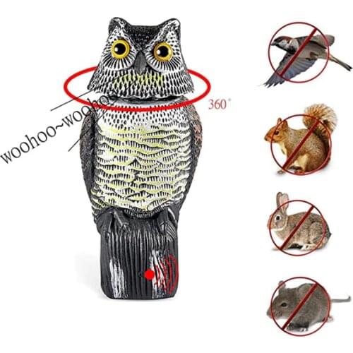 Owl Decoy 360 Rotate Head Owl Decoy Statue Realistic Scary Sounds Shadow Fake Owl Outdoor Pest Bird Repellent Garden Decoration
