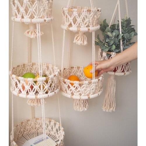 3 Layers Cotton Rope Woven Basket Home Decoration Wall Hanging Fruit and Vegetable Storage Basket Rattan Plant Basket Flower Pot