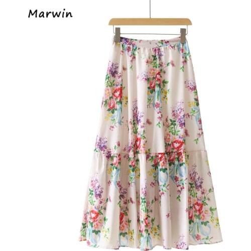 Marwin&Friend Spring Summer Printing Light Floral Pattern Empire Elastic Women A-Line Party Holiday High Street Style Skirts